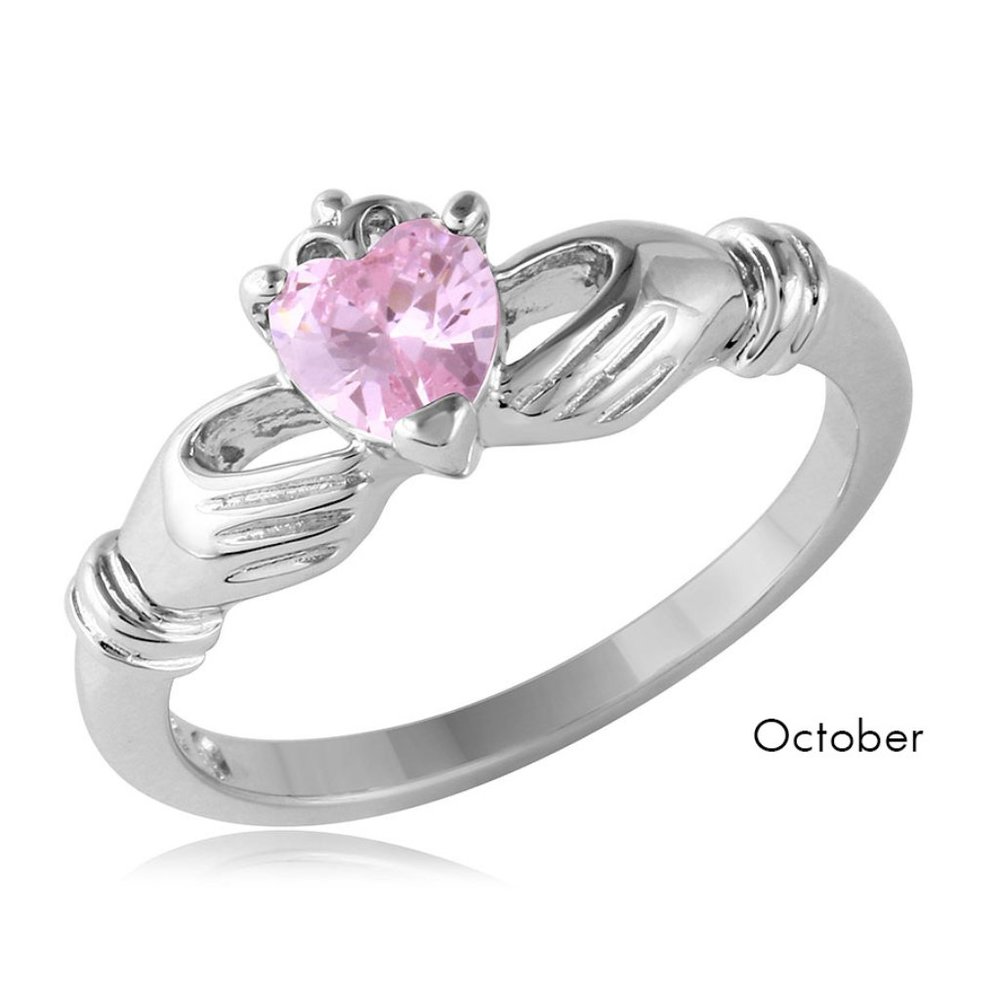 Silver 925 Rhodium Plated Light Pink CZ Center Birthstone Claddagh Ring October